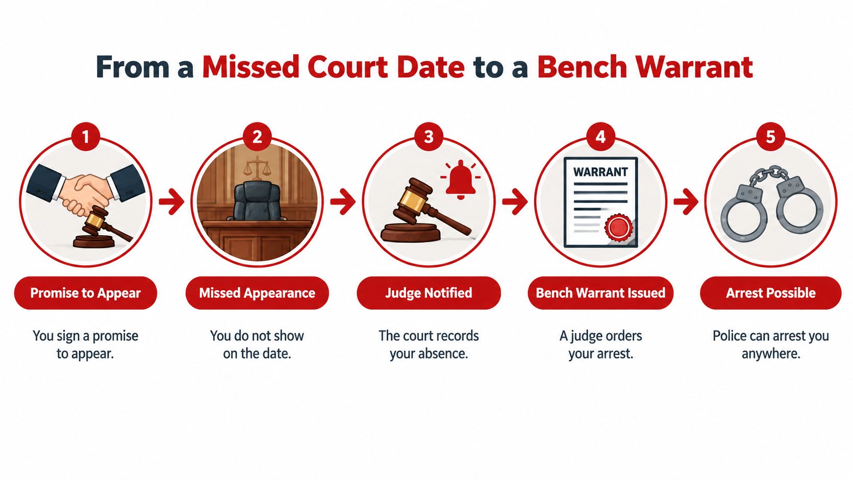 An infographic showing the five steps from a promise to appear in court to a potential arrest.
