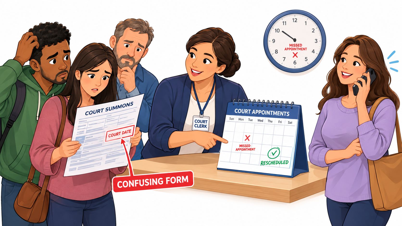 A group of people confused by a court summons, assisted by a court clerk with a calendar.