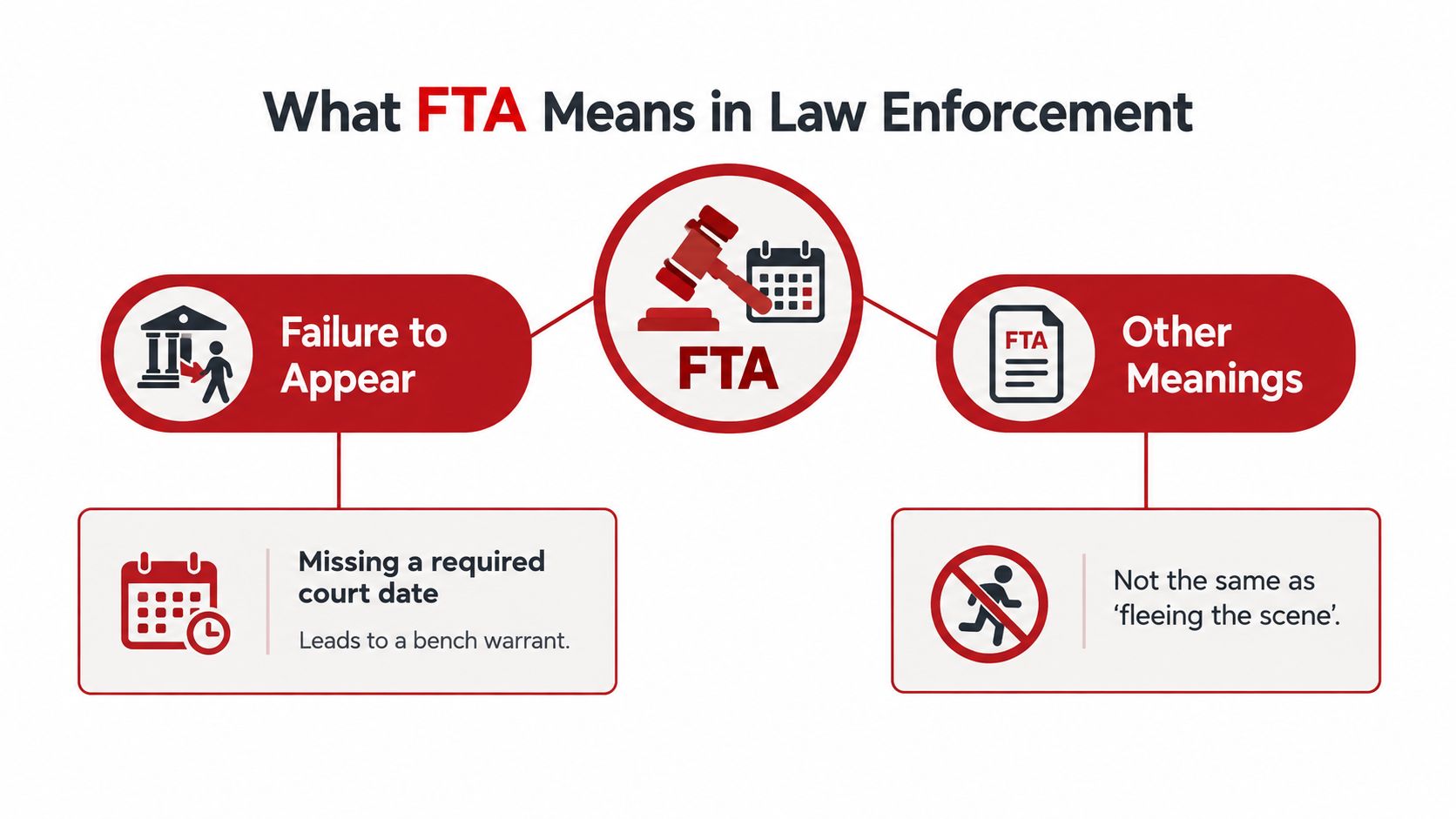 An infographic explaining that FTA in law enforcement stands for Failure to Appear in court.