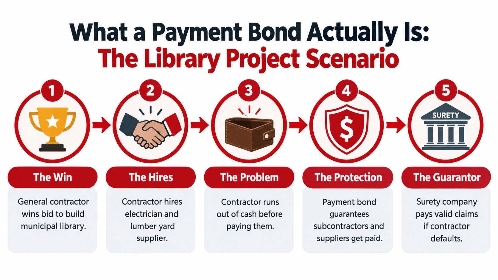 A five-step infographic explaining the library project scenario for how a payment bond functions in construction.