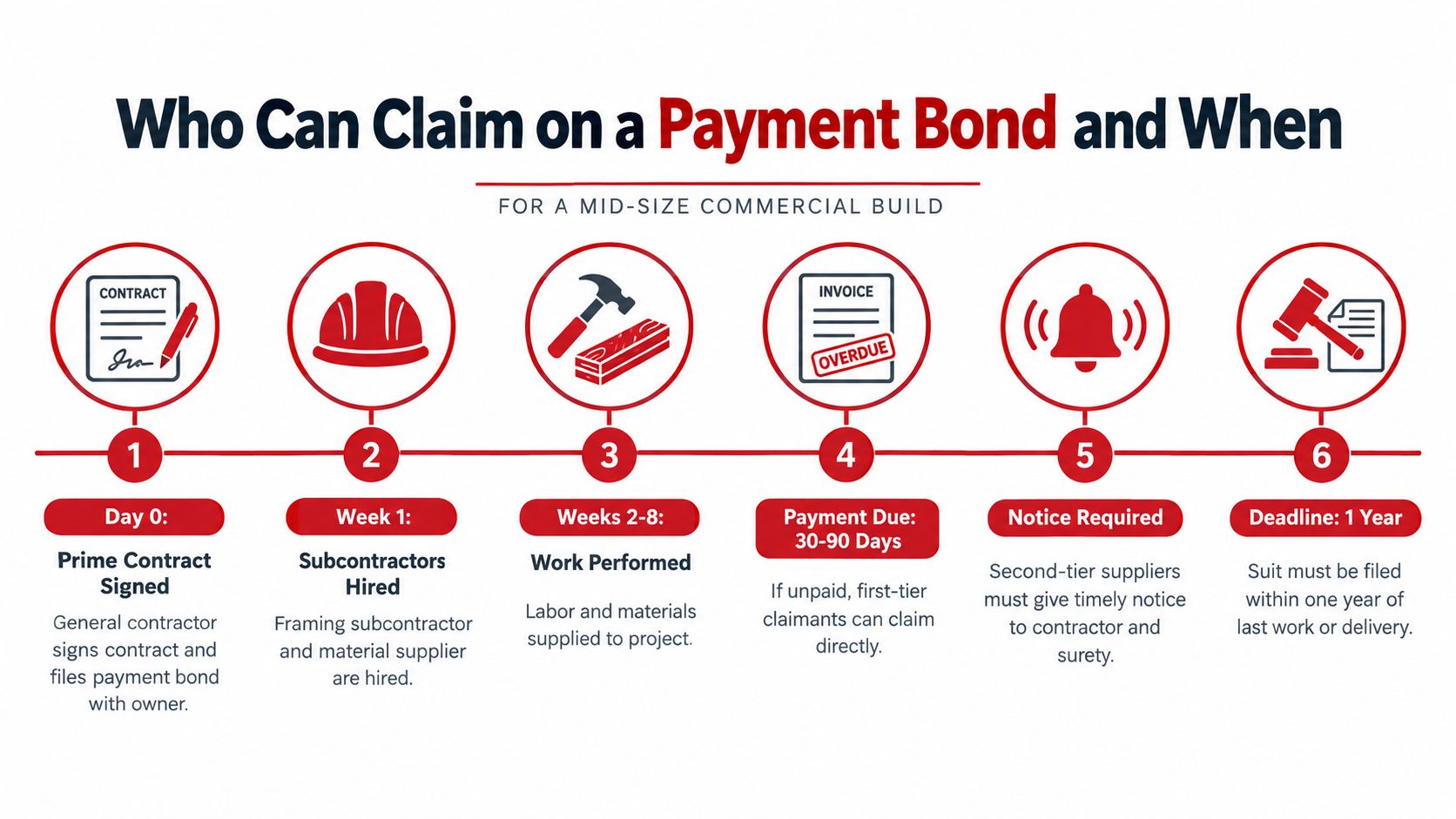 A timeline graphic illustrating the step-by-step process of filing a payment bond claim for commercial construction.