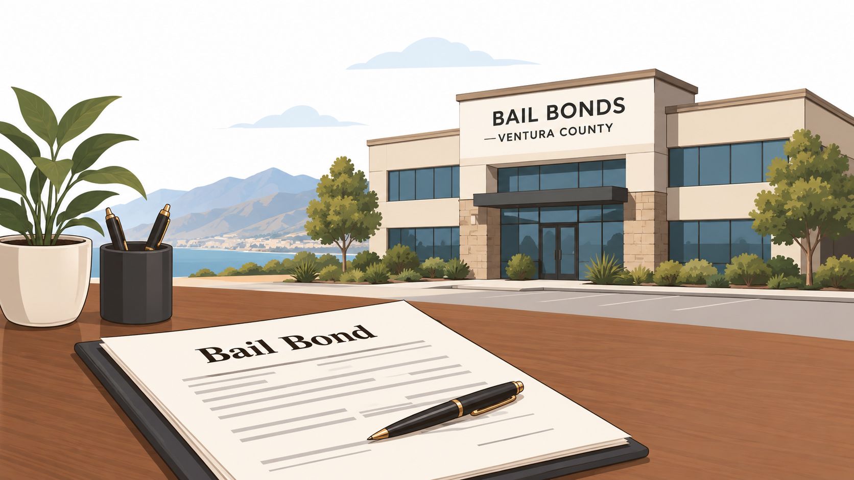 A document labeled Bail Bond lies on a wooden desk with a pen, office building in background.