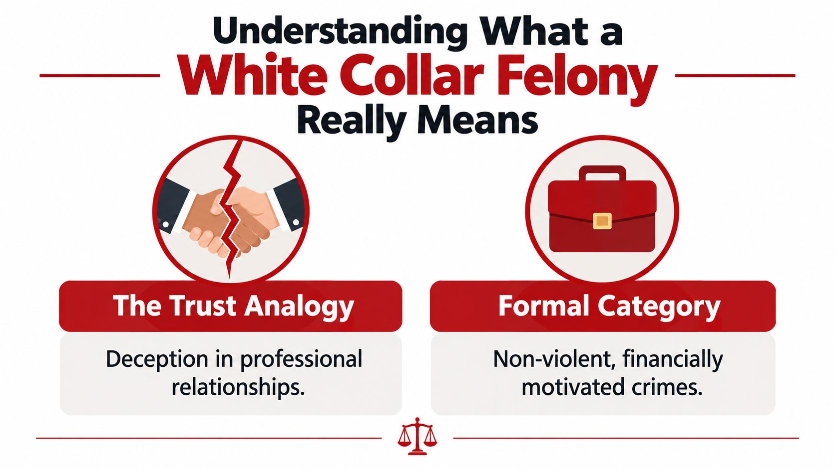 An infographic explaining the definition of a white-collar felony through trust analogies and formal legal categories.