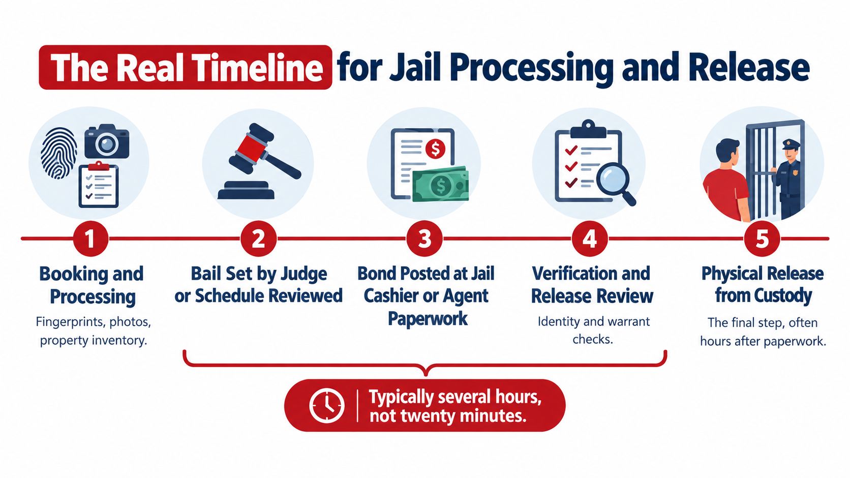 A five-step infographic explaining the realistic timeline for the jail booking and release process.
