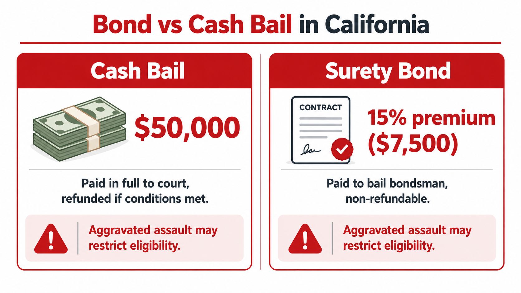 An infographic comparing cash bail and surety bond options for aggravated assault cases in California.