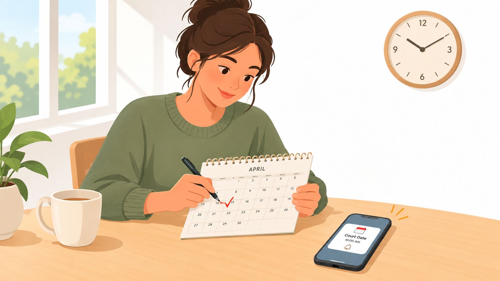 A young woman smiling while marking a court date on a wall calendar at her desk.