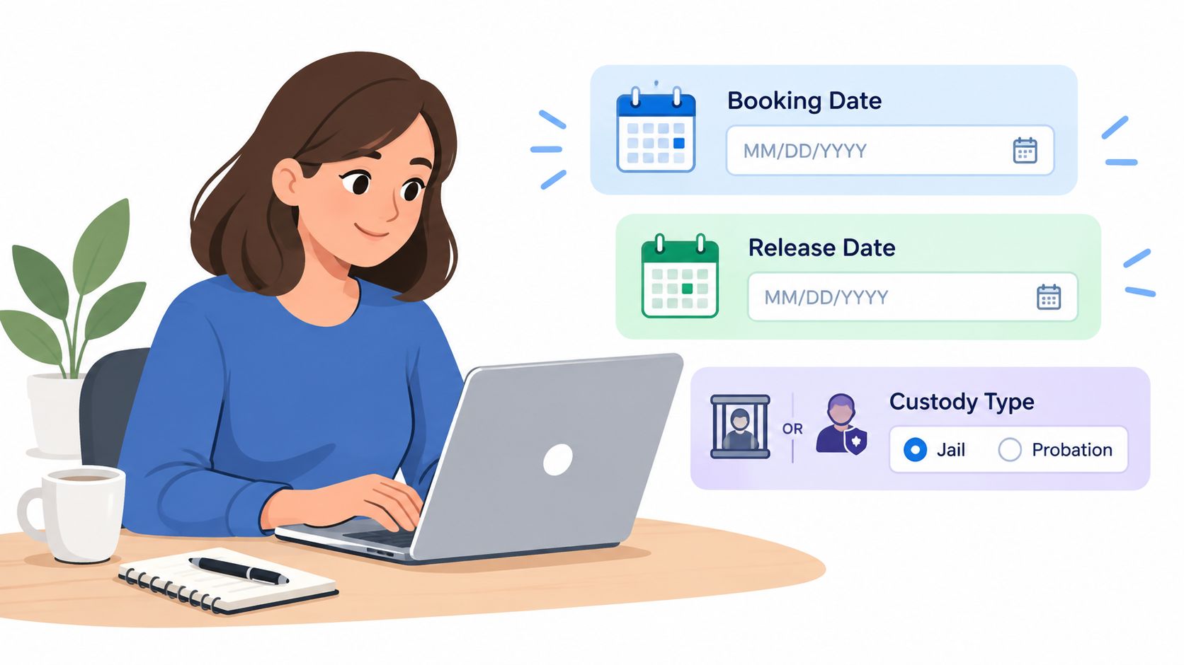 A woman working on a laptop with digital forms for booking date, release date, and custody type.