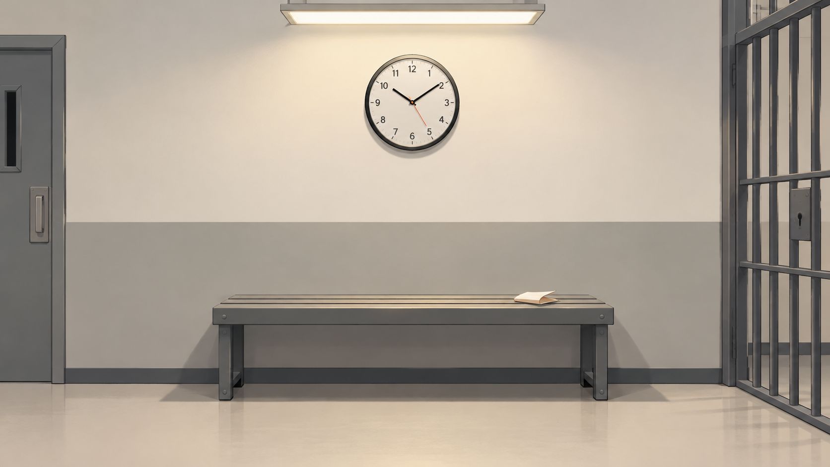 An empty waiting bench in a sterile, dimly lit prison hallway with a clock on the wall.