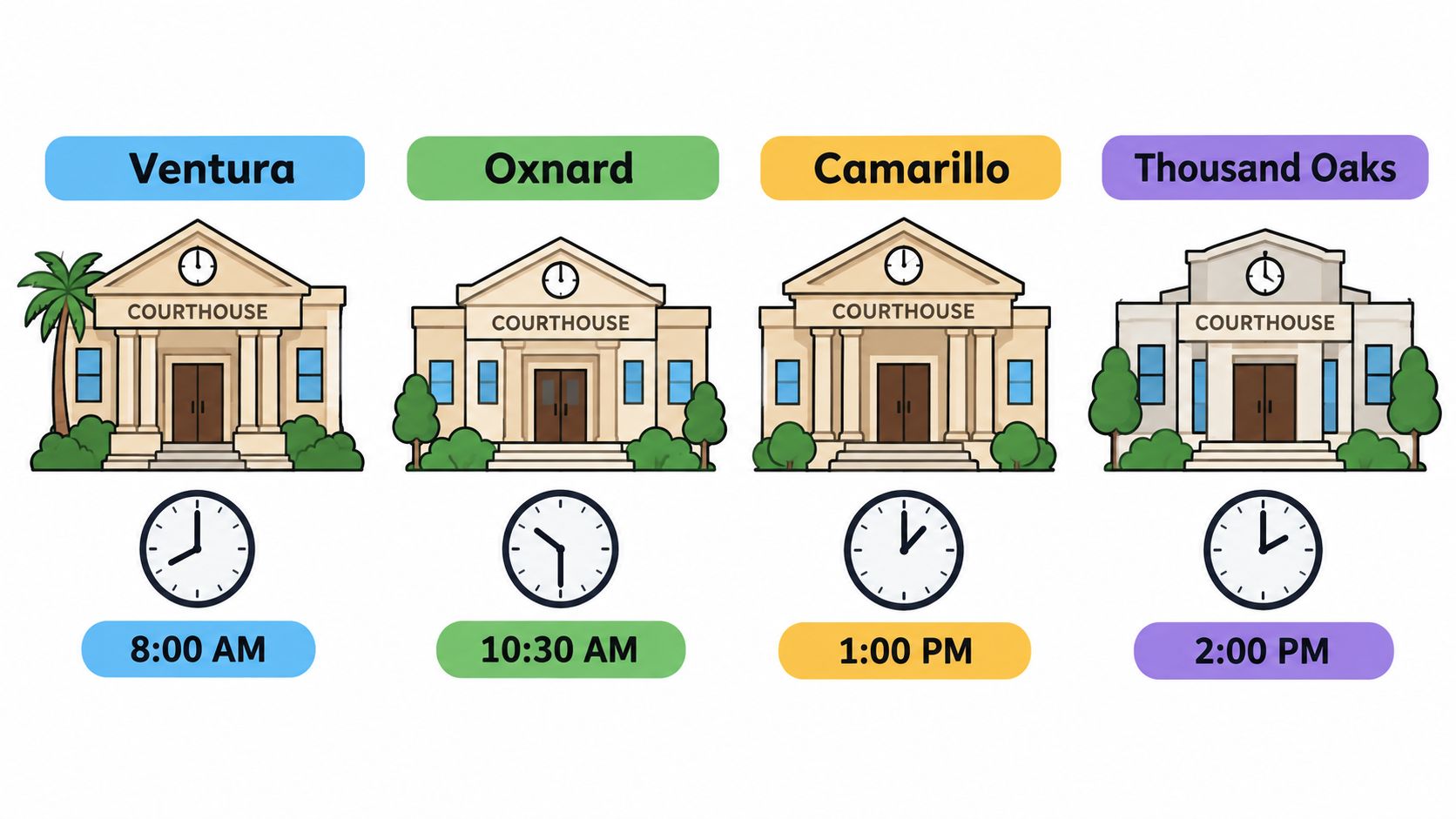 A graphic showing four courthouse locations with specific opening or operating hours in Ventura County.