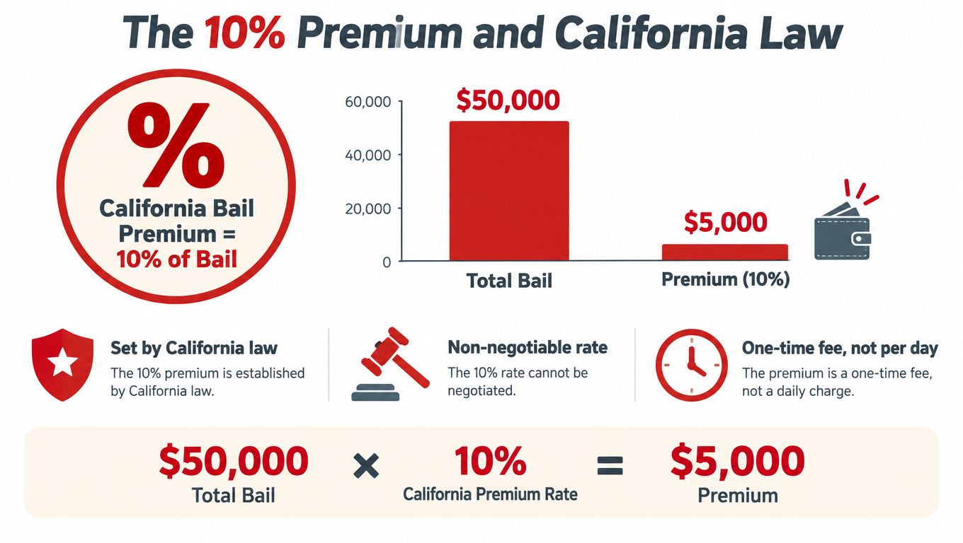 An infographic explaining that the California bail premium is a fixed, non-negotiable 10 percent of the total bail.