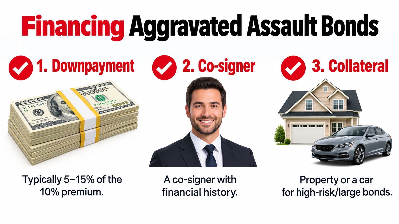 A visual guide illustrating the financing requirements for aggravated assault bonds, including downpayment, co-signer, and collateral options.