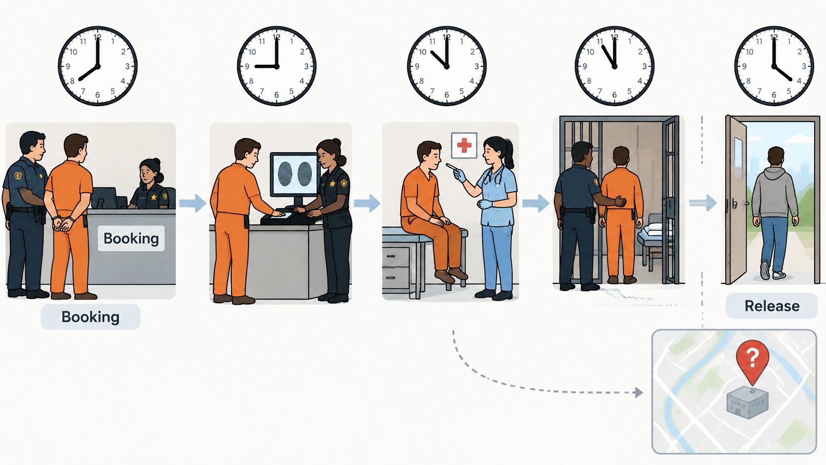 An illustration showing the step-by-step jail intake and release process timeline with clock icons above.