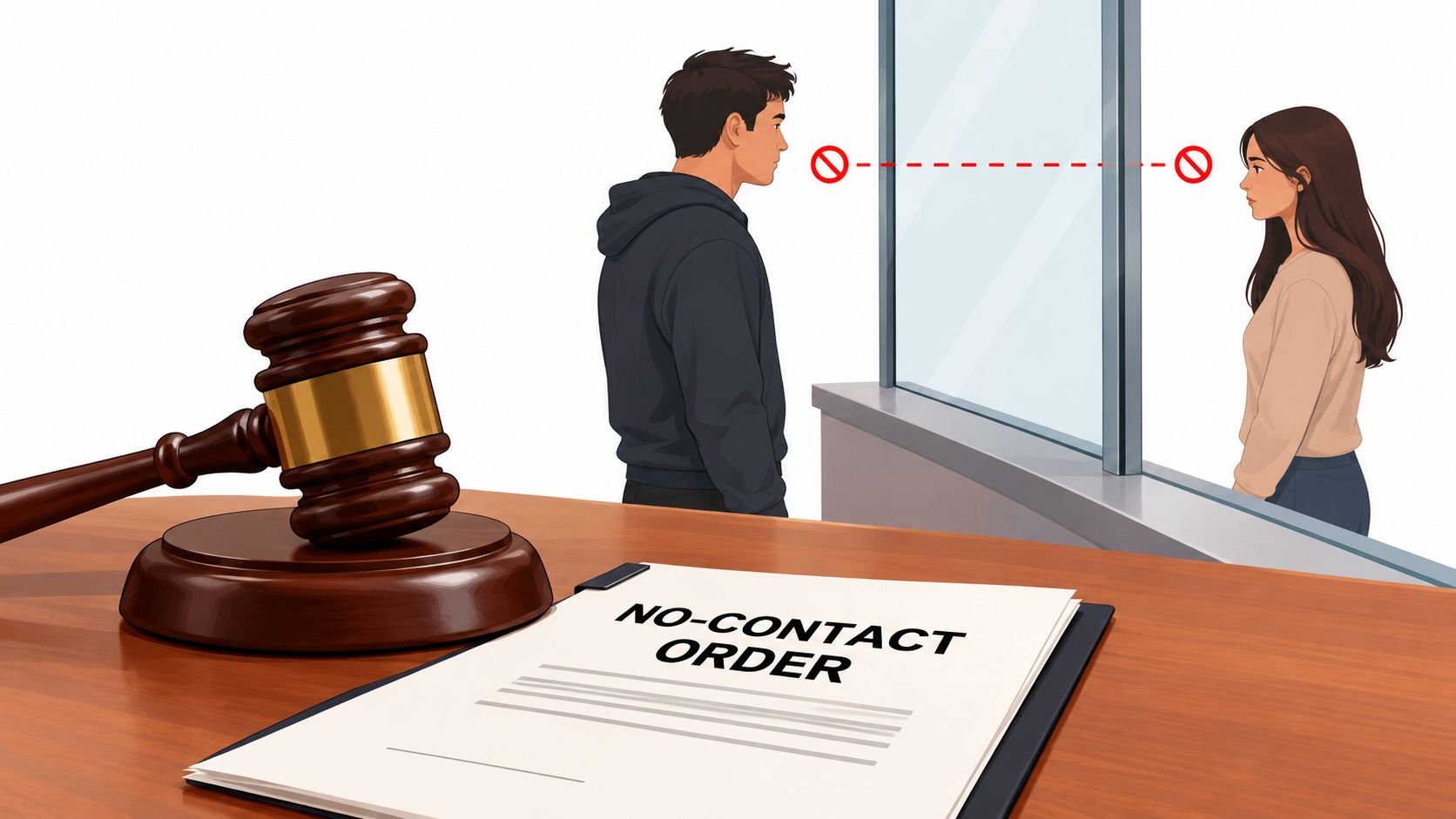 A gavel and a no-contact order document sit on a desk near a couple separated by glass.