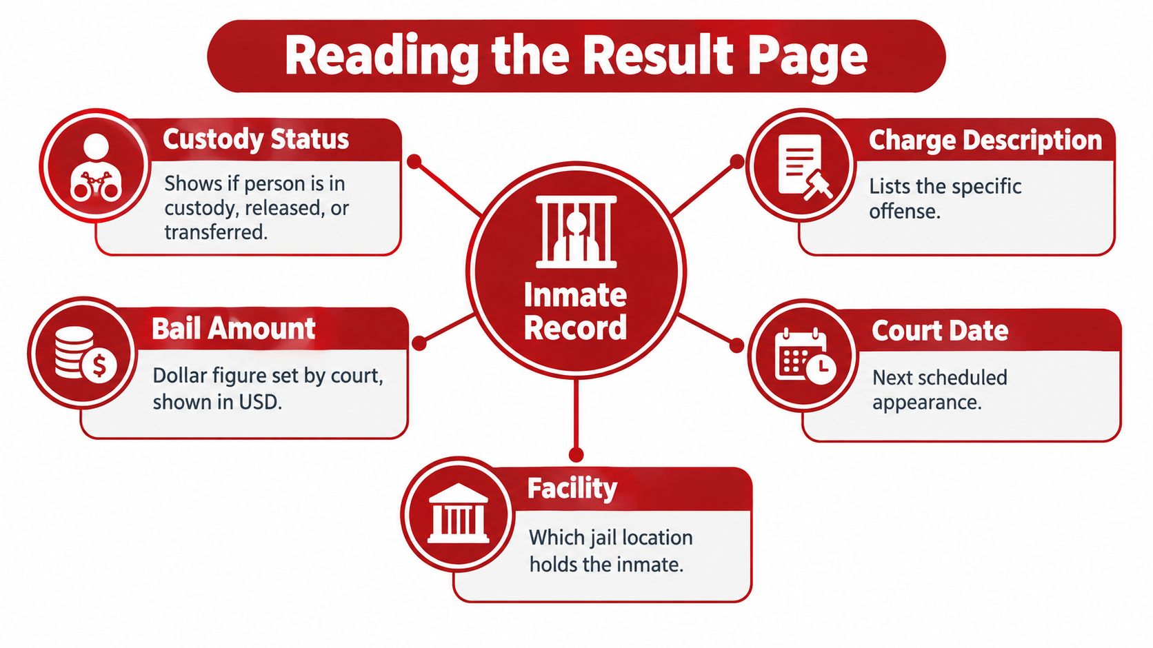 An infographic titled Reading the Result Page explaining key components of an inmate record including custody, bail, charges, court date, and facility.