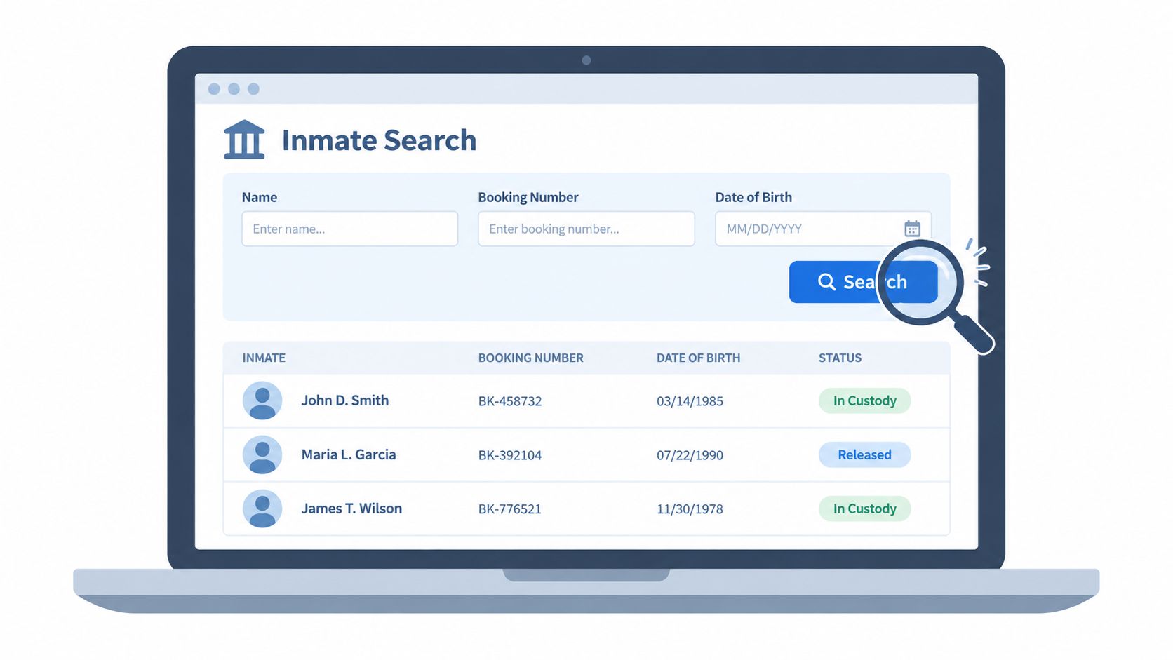 A digital screen showing an inmate search interface with search bars and a list of inmates.