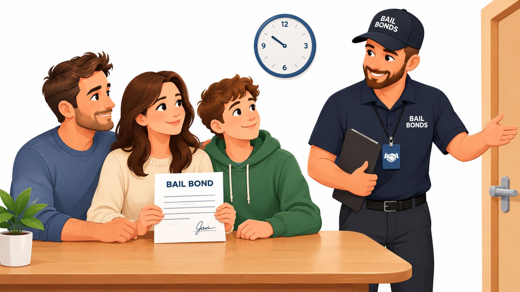 A family holding a bail bond paper while speaking with a professional bail bondsman in an office.