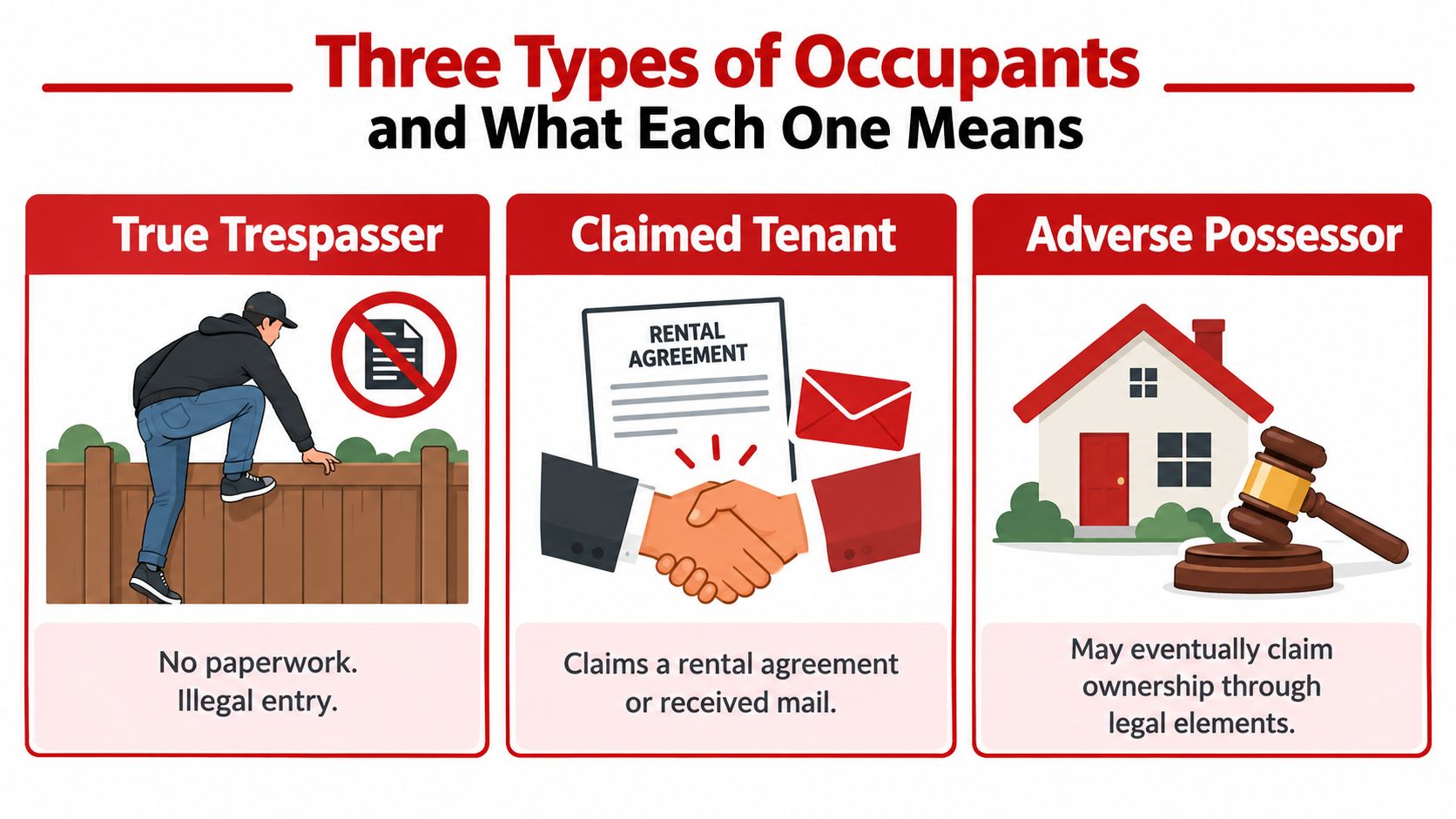 An infographic titled Three Types of Occupants showing categories for True Trespasser, Claimed Tenant, and Adverse Possessor.
