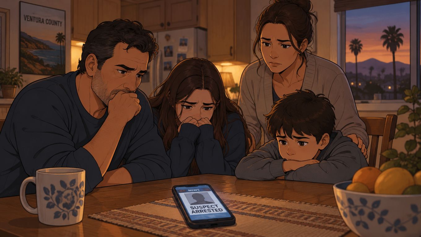 A concerned family sitting around a table looking at a smartphone displaying a suspect arrest news alert.