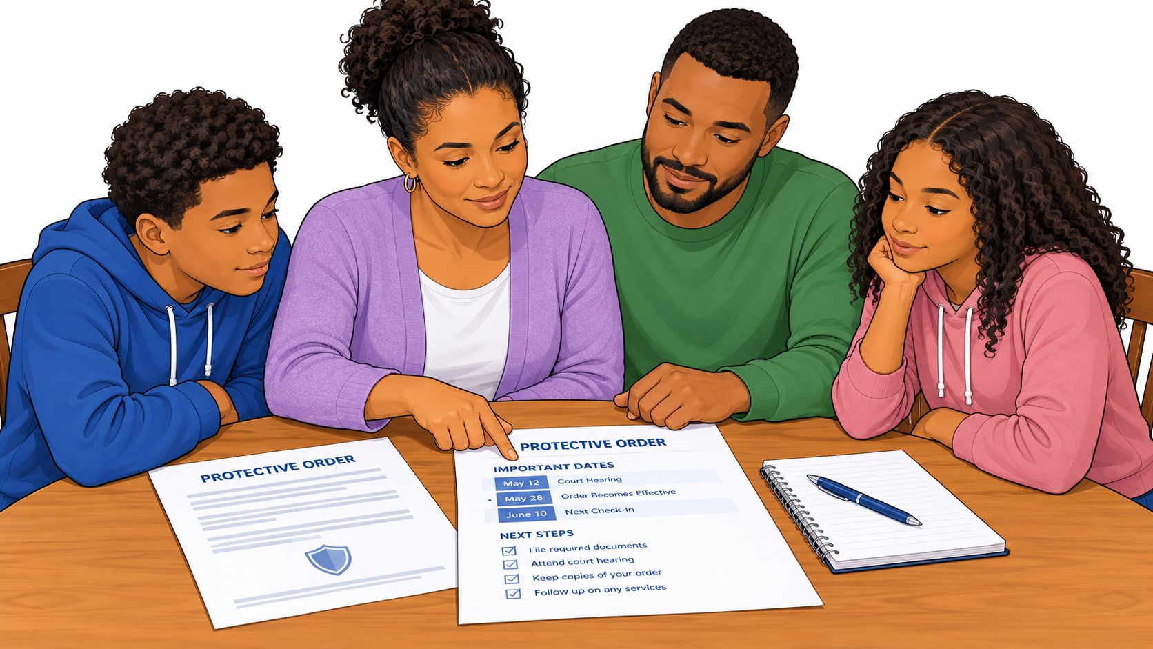 A family of four discussing a legal document titled Protective Order at a wooden table together.