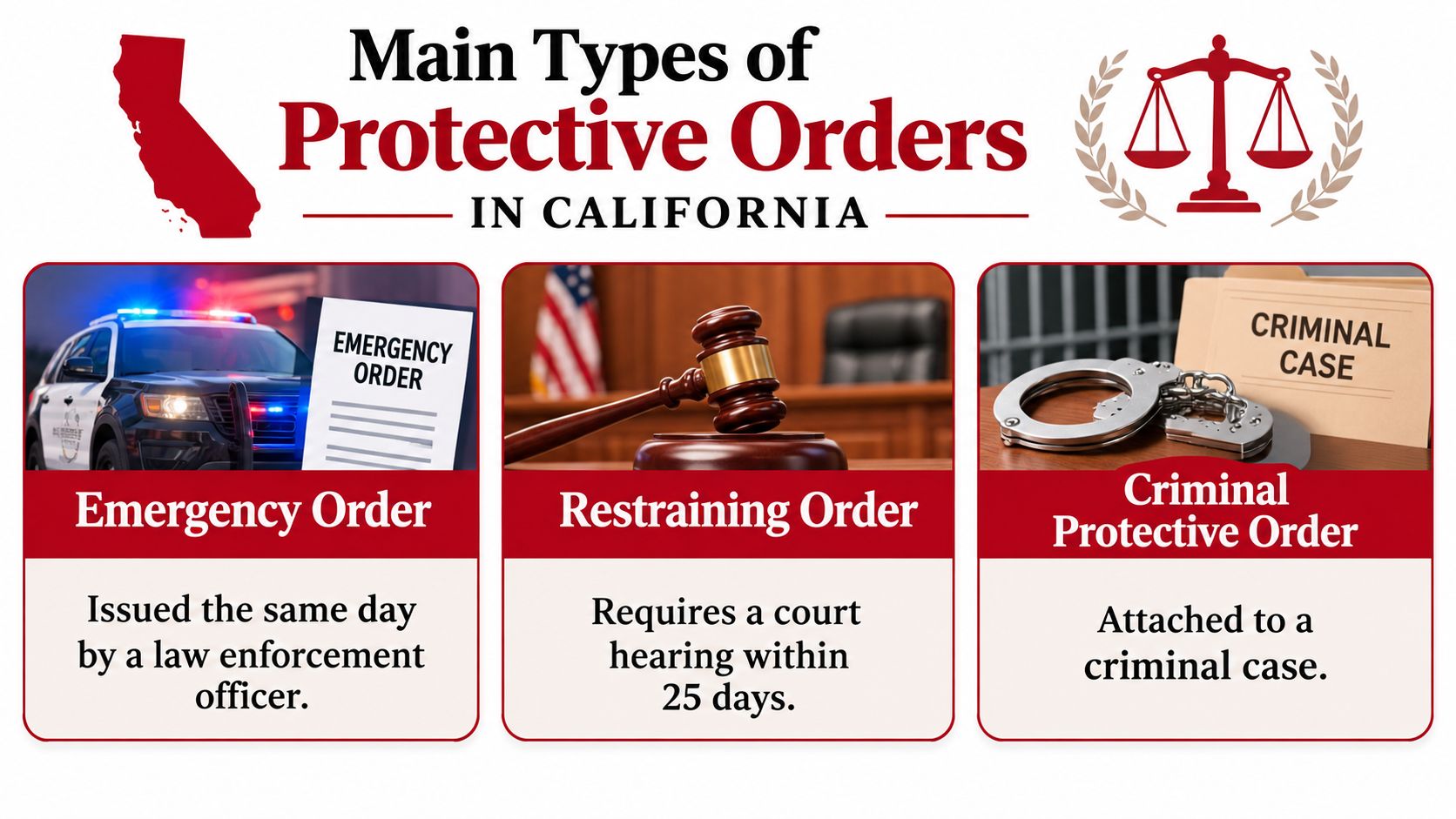 An infographic showing the three main types of protective orders in California: emergency, restraining, and criminal orders.